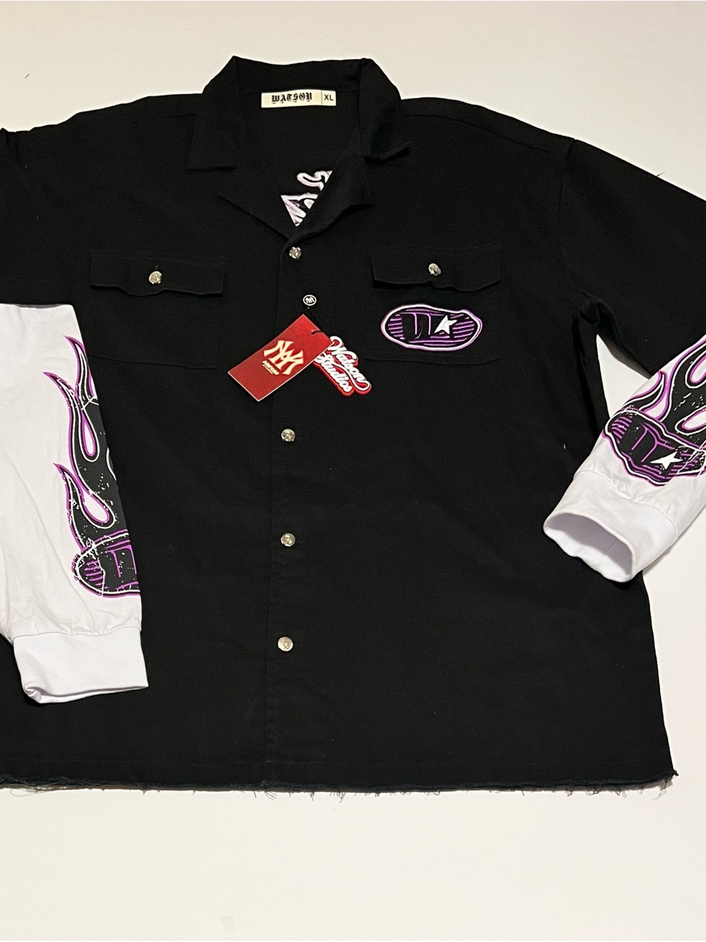 Watson MotoClub Work Shirt in Black, featuring purple Flames / Removable Sleeves